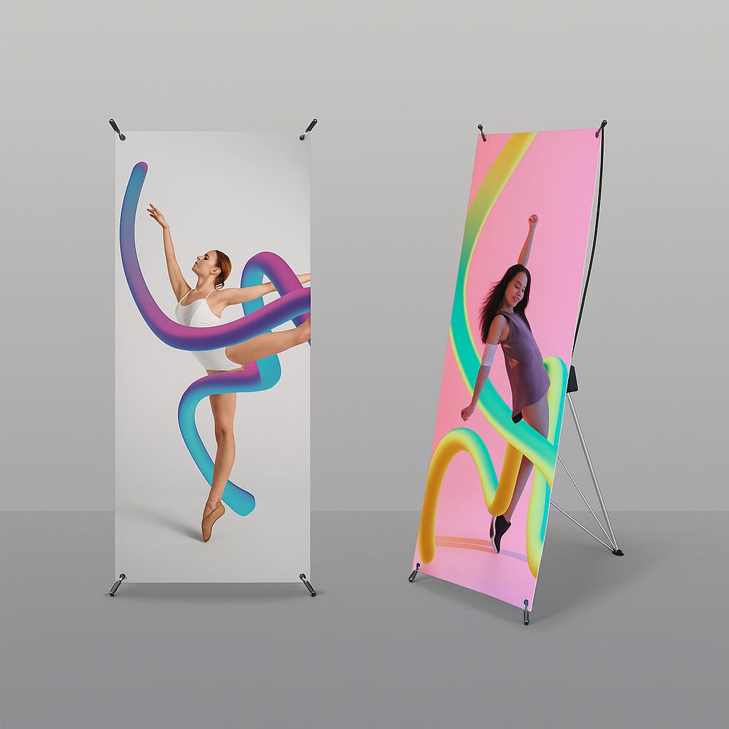 owoczesny baner typu rollup przedstawiający tancerkę z dynamiczną grafiką 3D w żywych kolorach, idealny na eventy artystyczne i kampanie reklamowe.